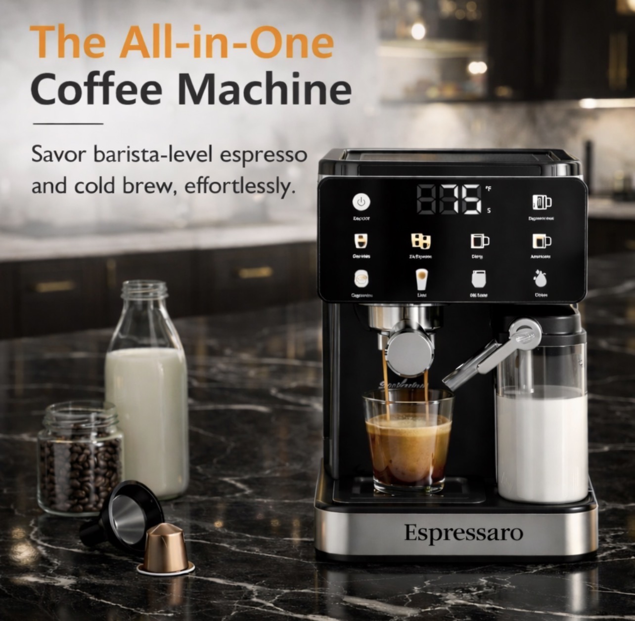 All-in-One Coffee Machine with touchscreen display and espresso extraction