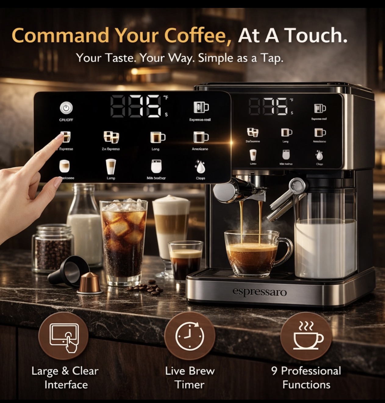 Touch interface with 9 professional functions and live brew timer